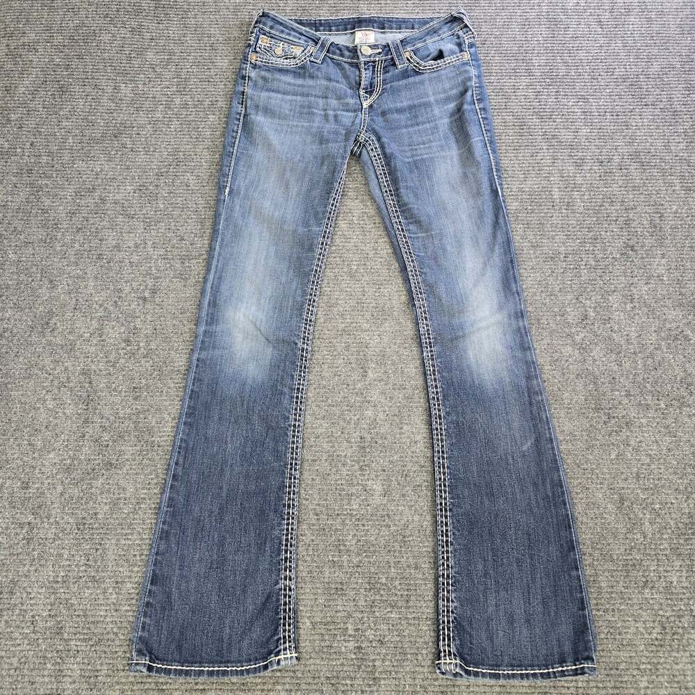 True Religion Bootcut Jeans Womens 27x33 Blue Flap Pocket White Stitch Y2K